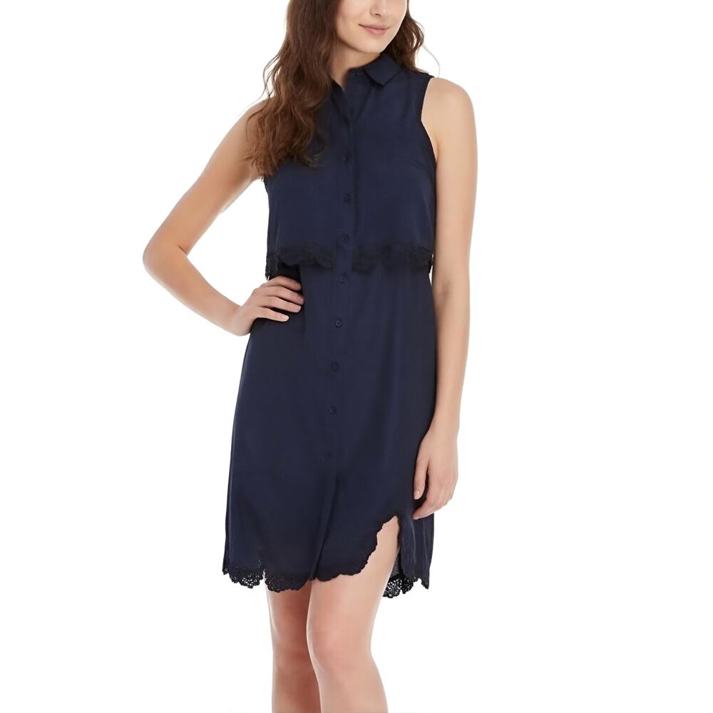 NWT Parker Aquarius Overlay Lace Trim Shirt Dress Navy Blue M Lace Hem - Picture 2 of 11